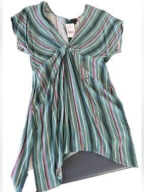Buckle Black Striped Twist-Front Cap Sleeve Tunic - Teal, White, Mauve